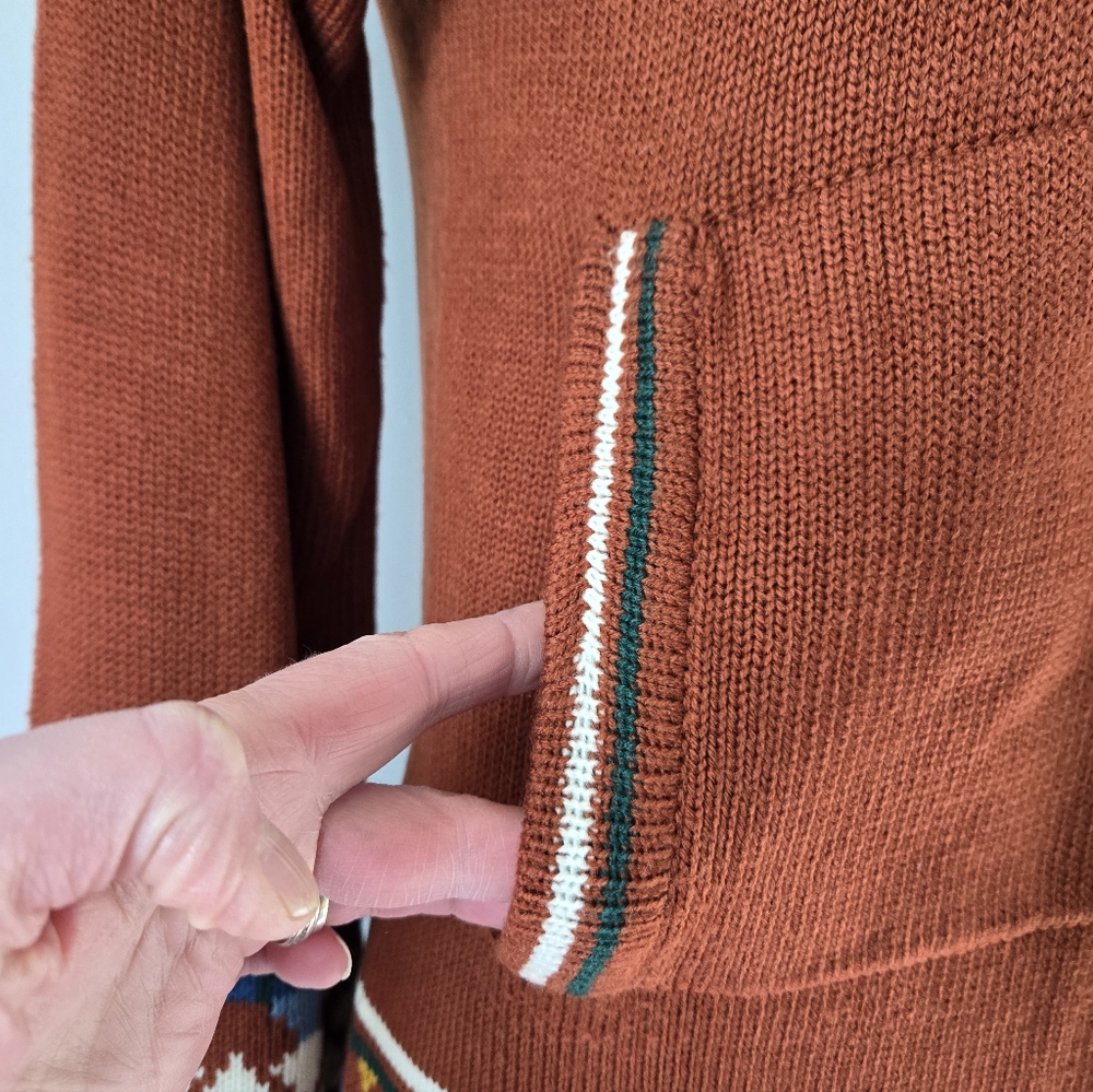 MONARCH KNITS Vintage 70s Hooded Cardigan with Colorful Patterns. Size Medium - Picture 4 of 11